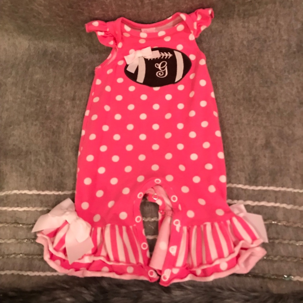 Ric rac & ruffles football “G” mono romper